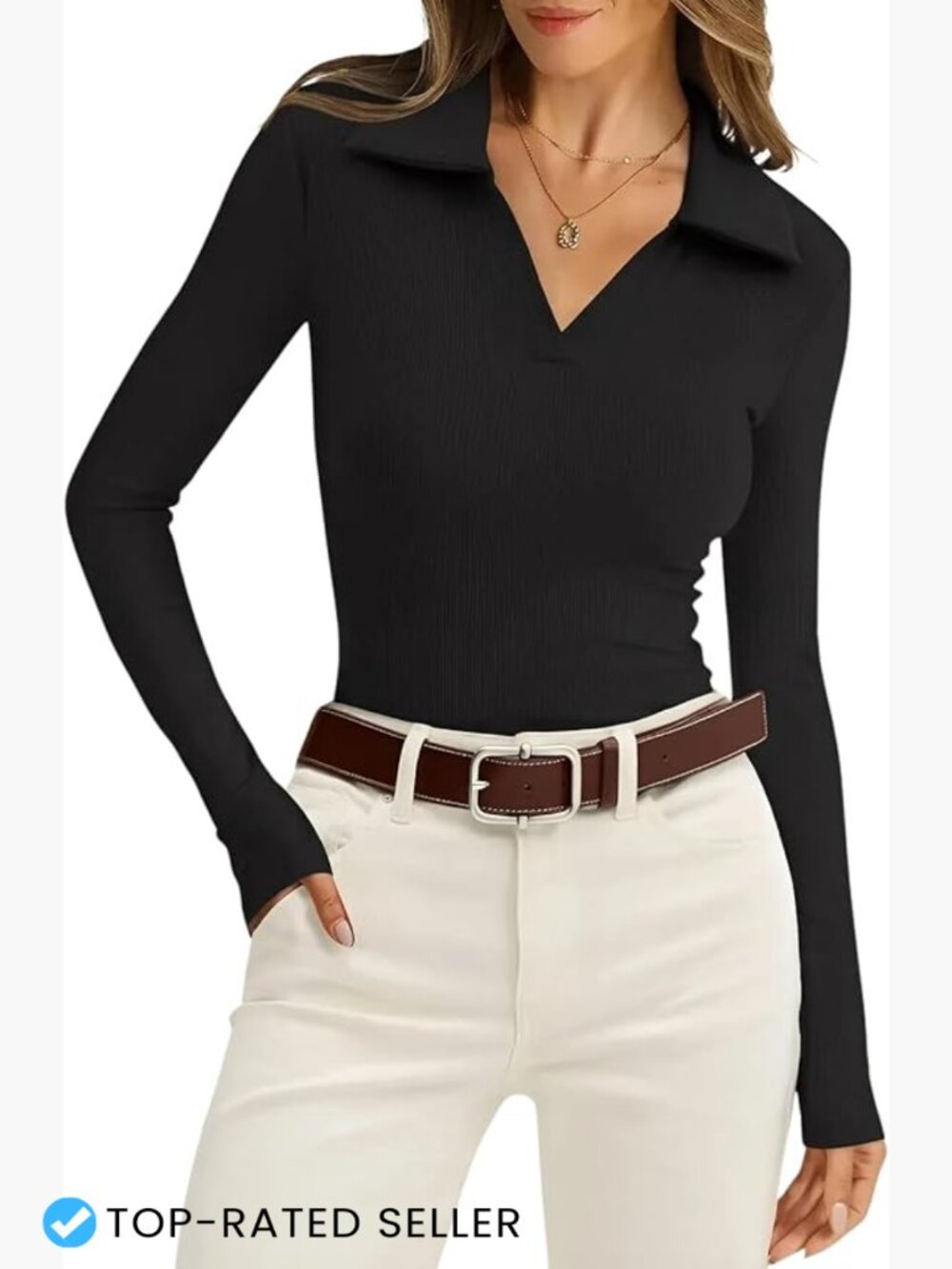 Slim Fit Long Sleeve Polo Shirt Ribbed Knit Business Casual Tops V Neck